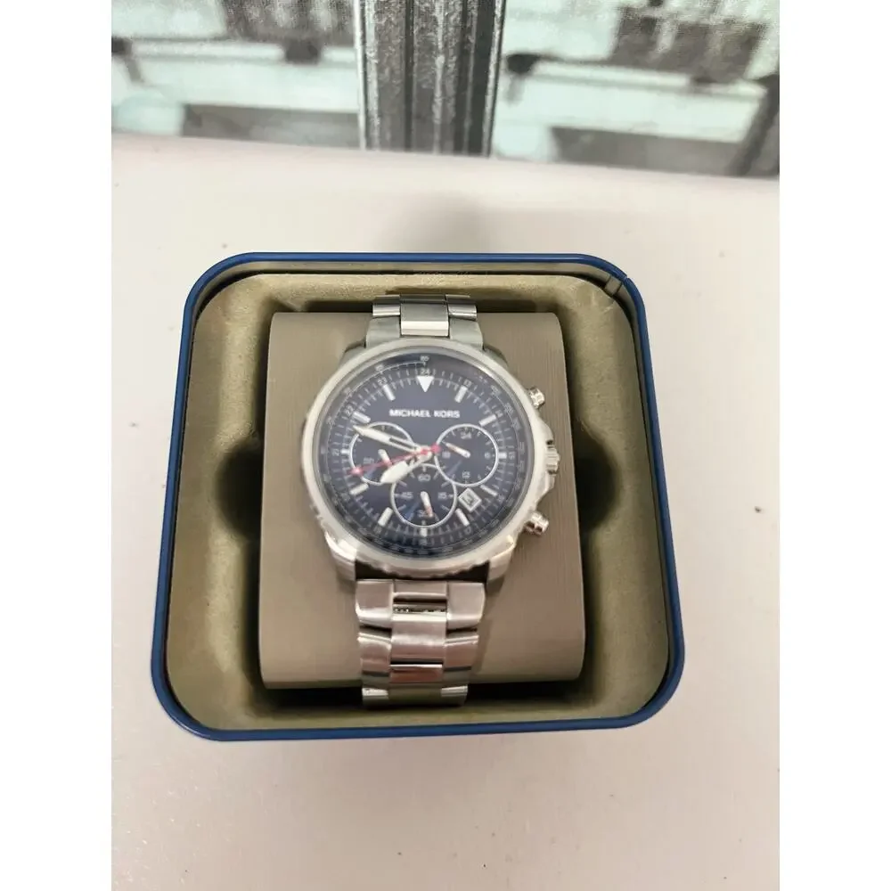 Michael Kors MK8641 Men's Chronograph Watch, Navy Blue Dial, Silver Stainless